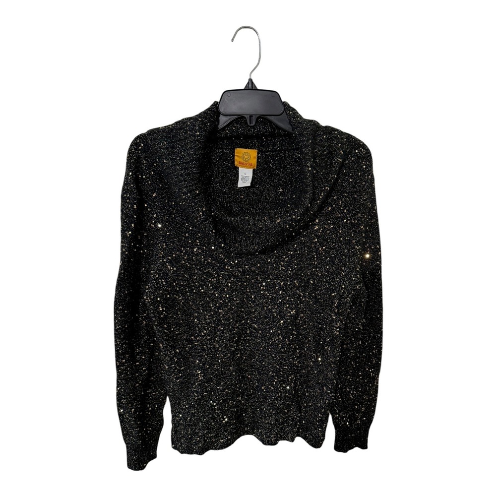 Ruby Rd Womens Black Gold Sequin Metallic Cowl Neck Knit Sweater Large